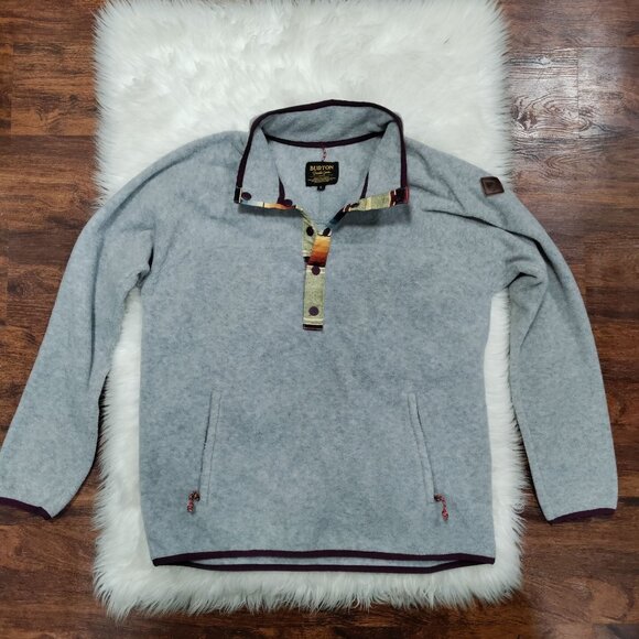 Burton Gray Fleece Pullover Colorful Button Placket Sherpa Jacket Men's Large - Picture 2 of 15